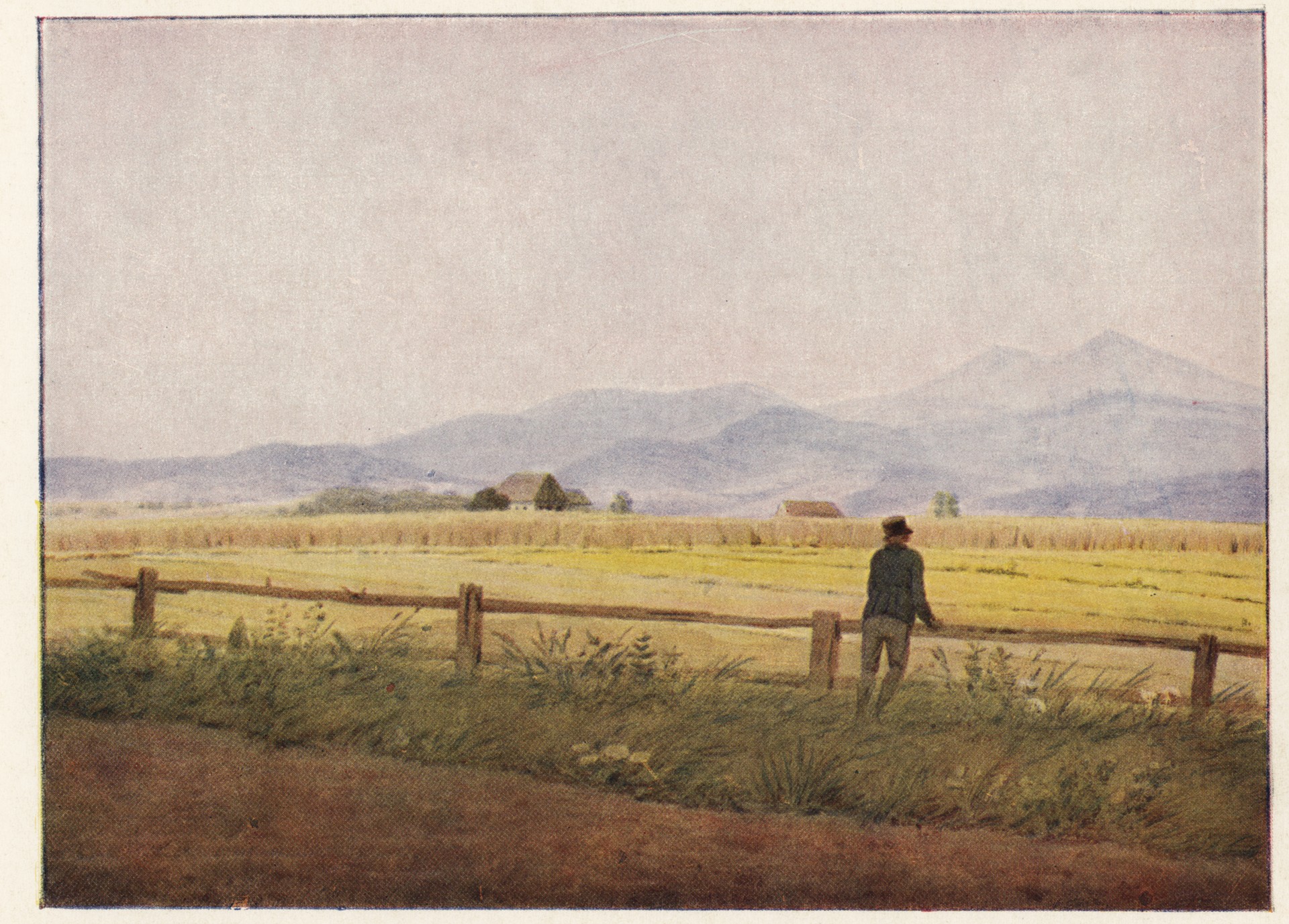 Пейзаж с мужской фигурой у изгороди