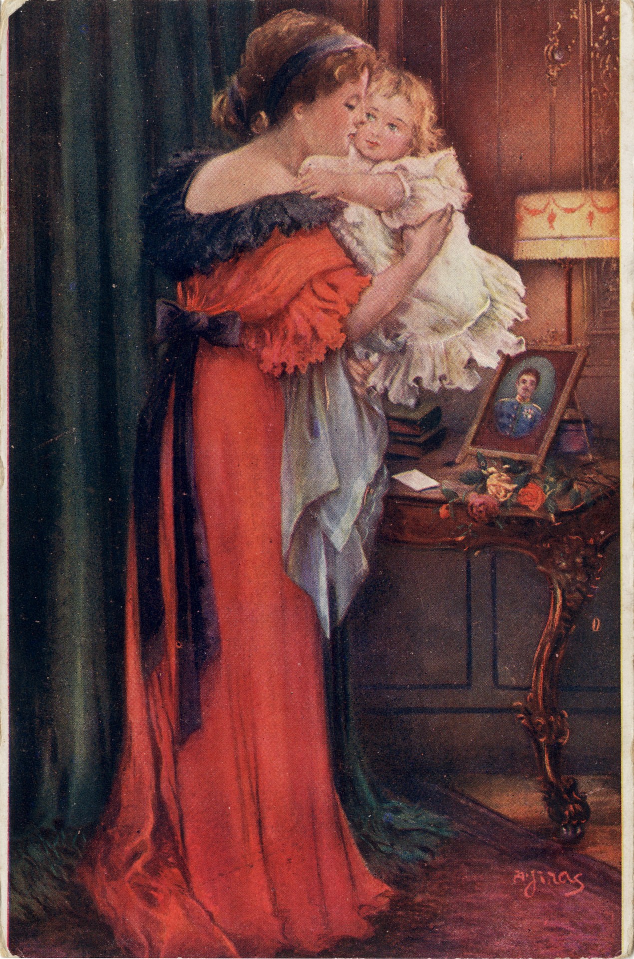 Мать с ребёнком у портрета мужа