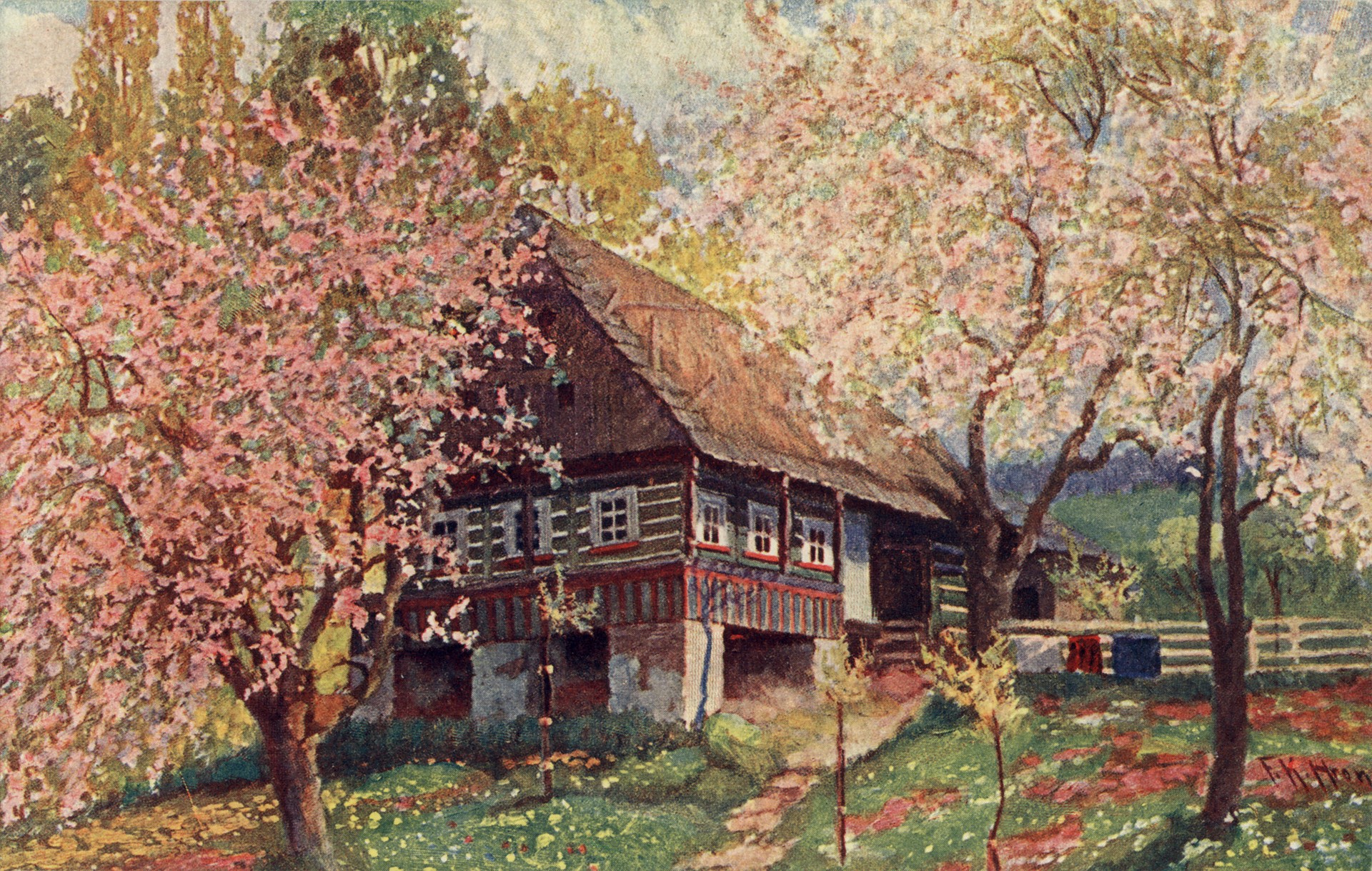 Дом и цветущие деревья