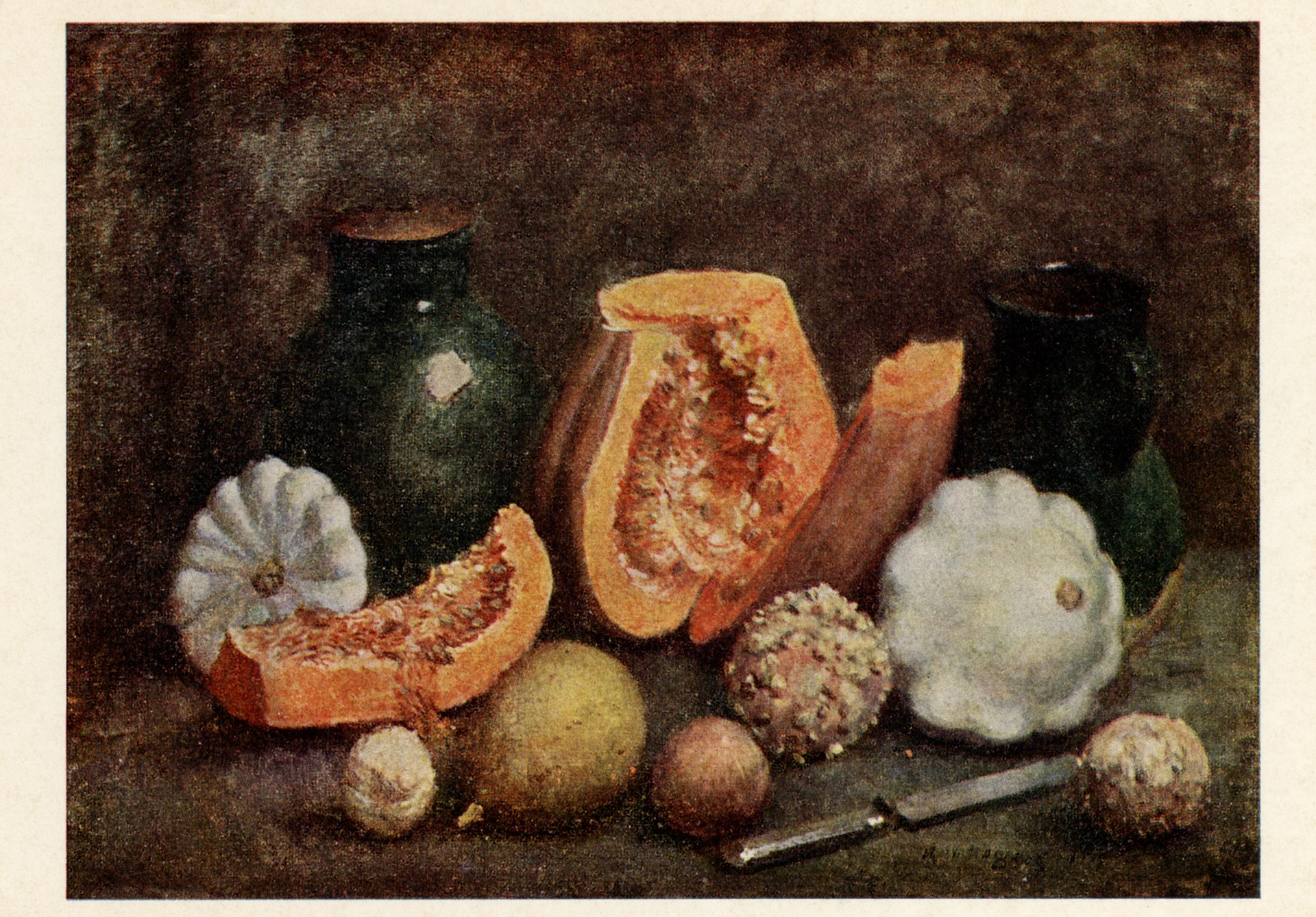 Натюрморт с зелёным кувшином и разрезанной тыквой