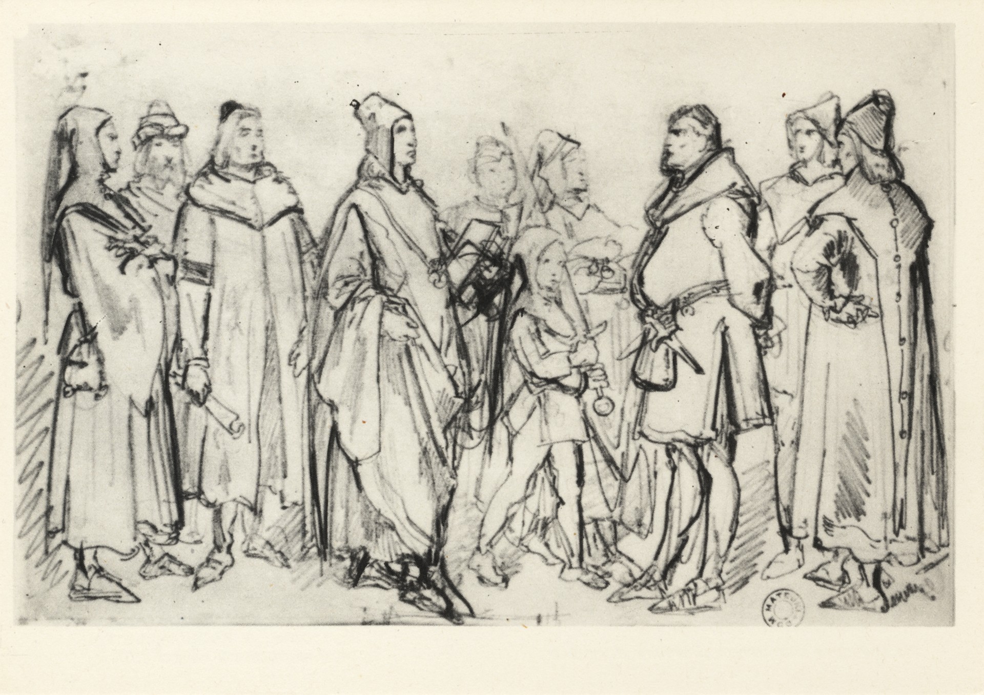 Группа учёных. Эскиз одного из листов альбома Одежда в Польше