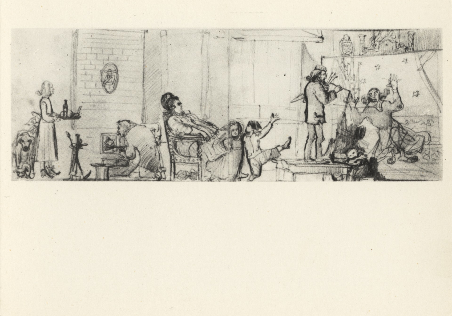 Матейко в кругу своей семьи пишет картину Коперник (каррикатура)