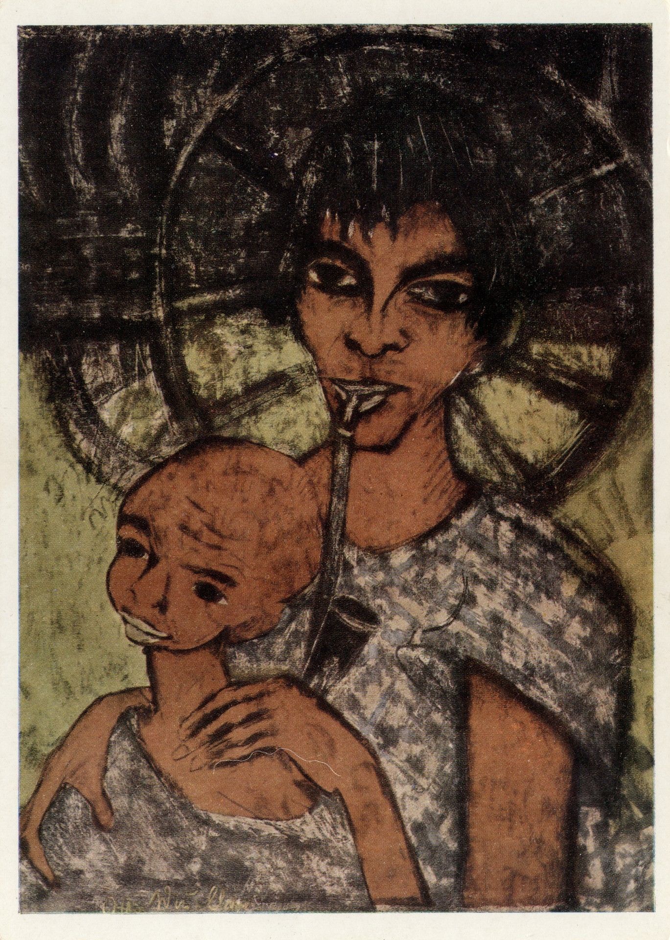 Курящая с ребёнком на фоне колеса кареты