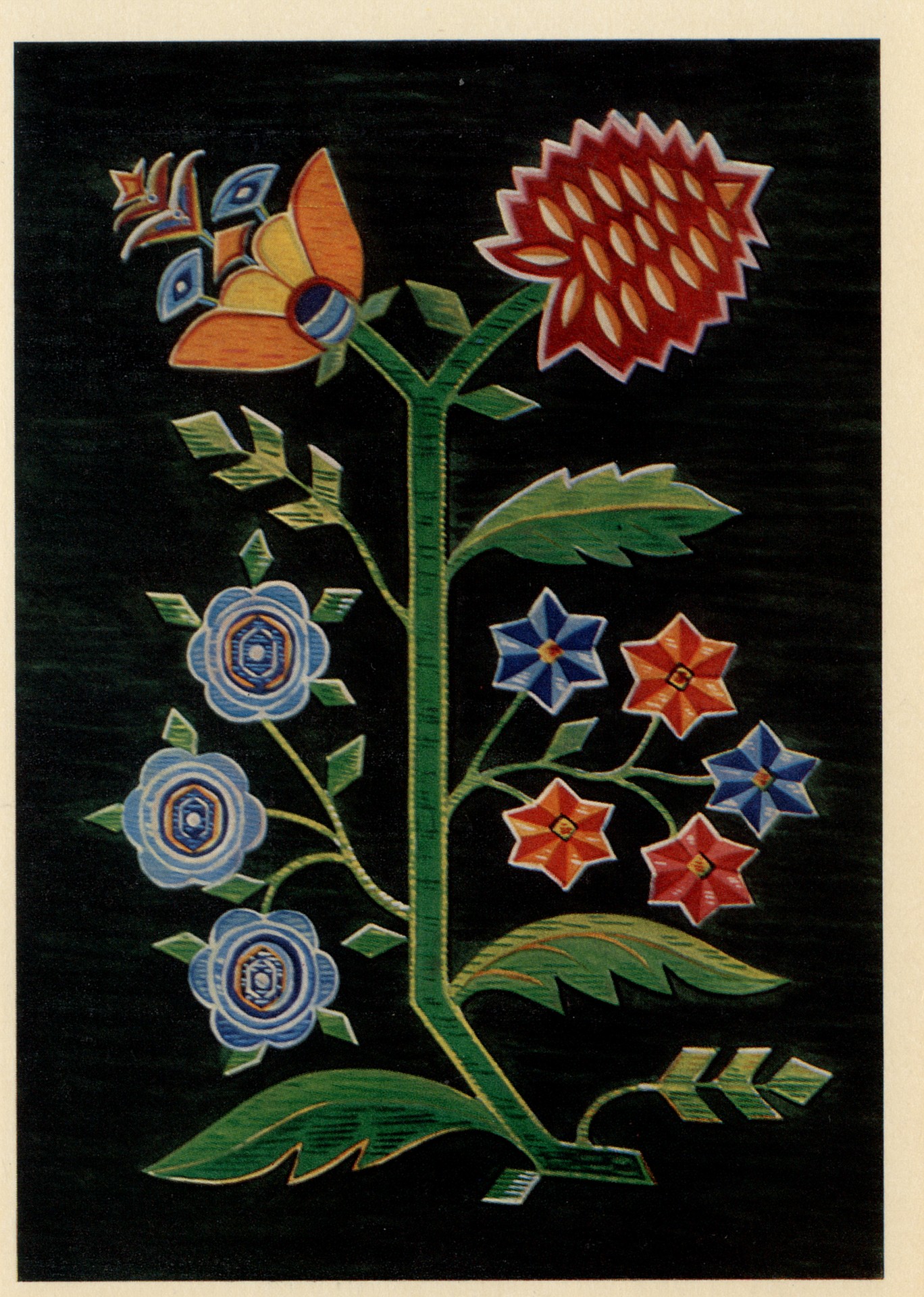 Фрагмент ковра Цветы на чёрном фоне