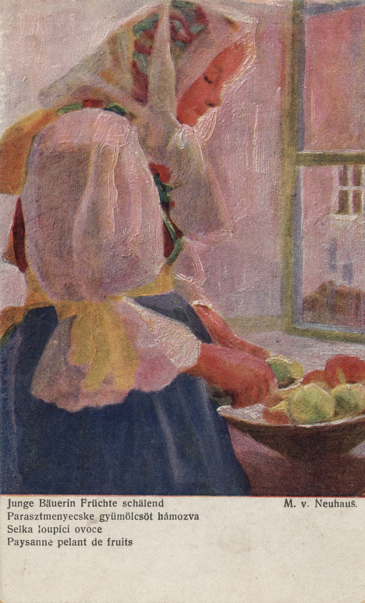 Молодая крестьянка за чисткой фруктов