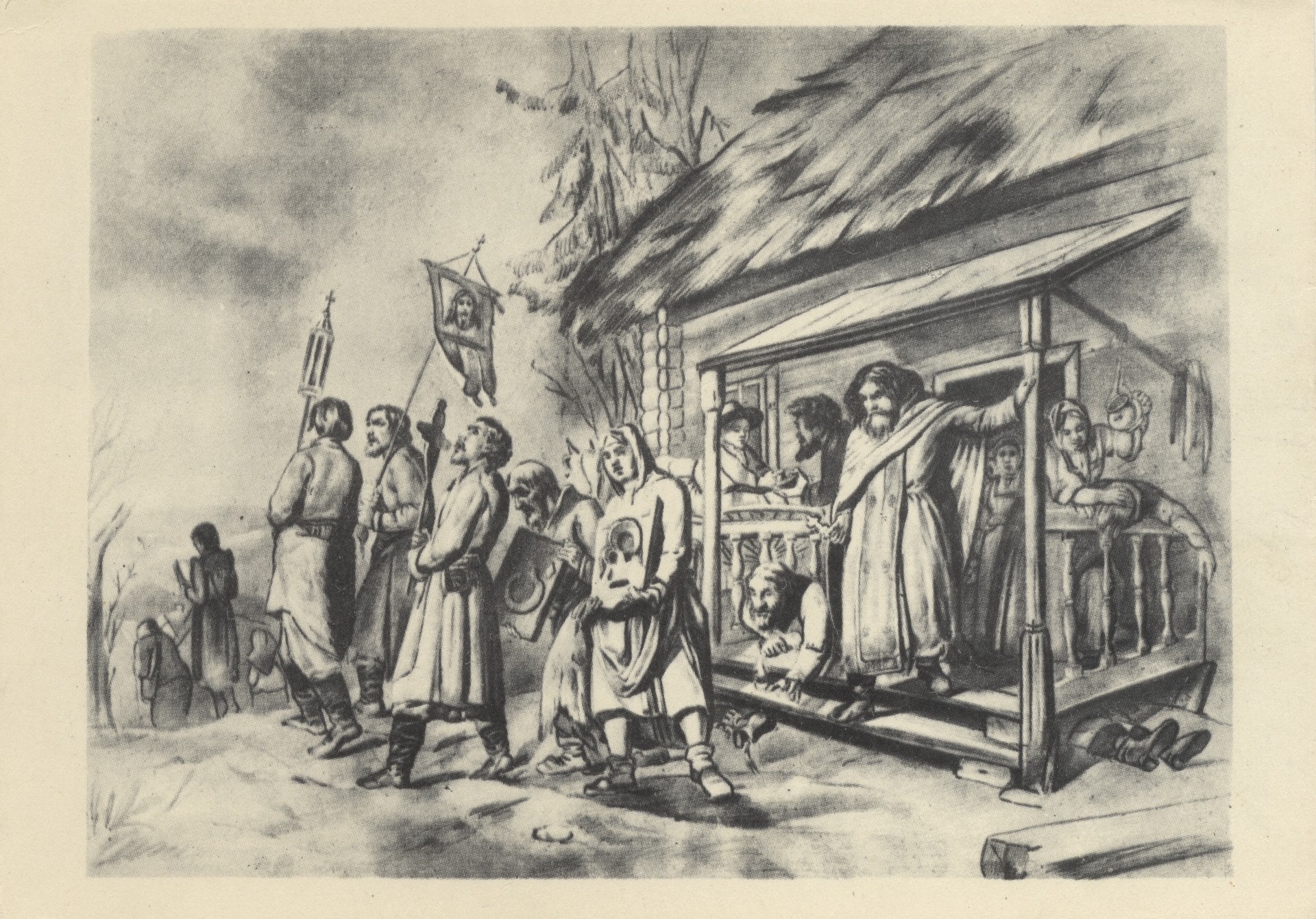 Эскиз картины Сельский крестный ход на Пасхе