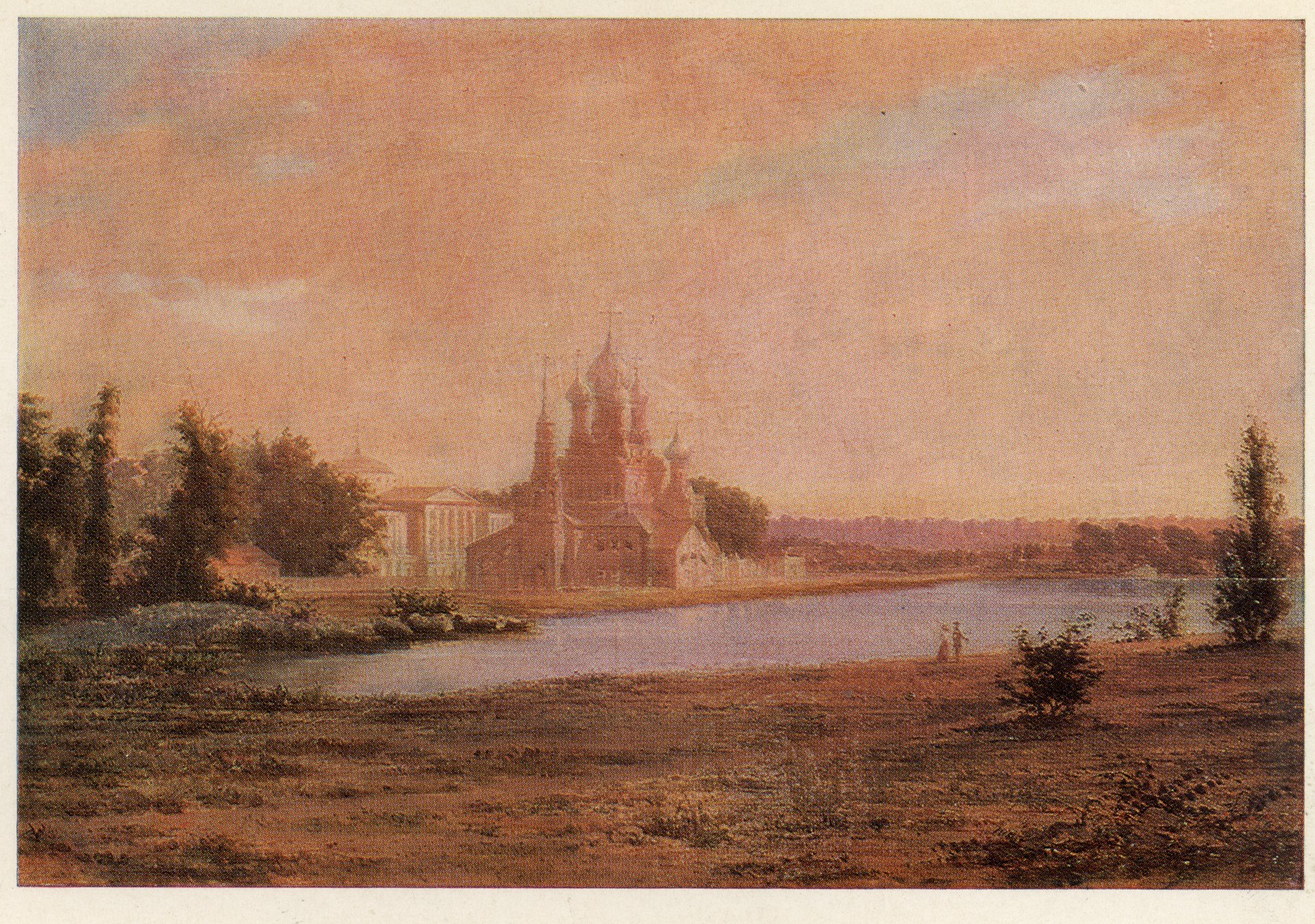 Вид пруда, церкви и дворца в подмосковной усадьбе Шереметьевых Останкино при утреннем освещении