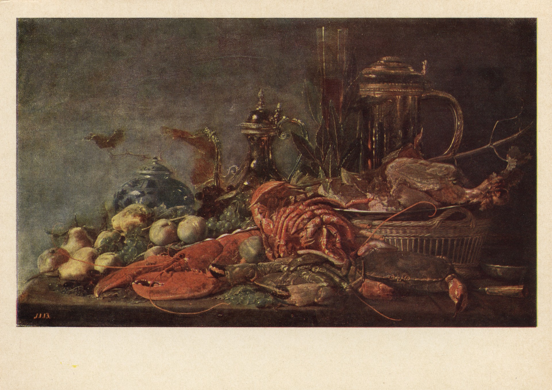 Плоды и омар на столе