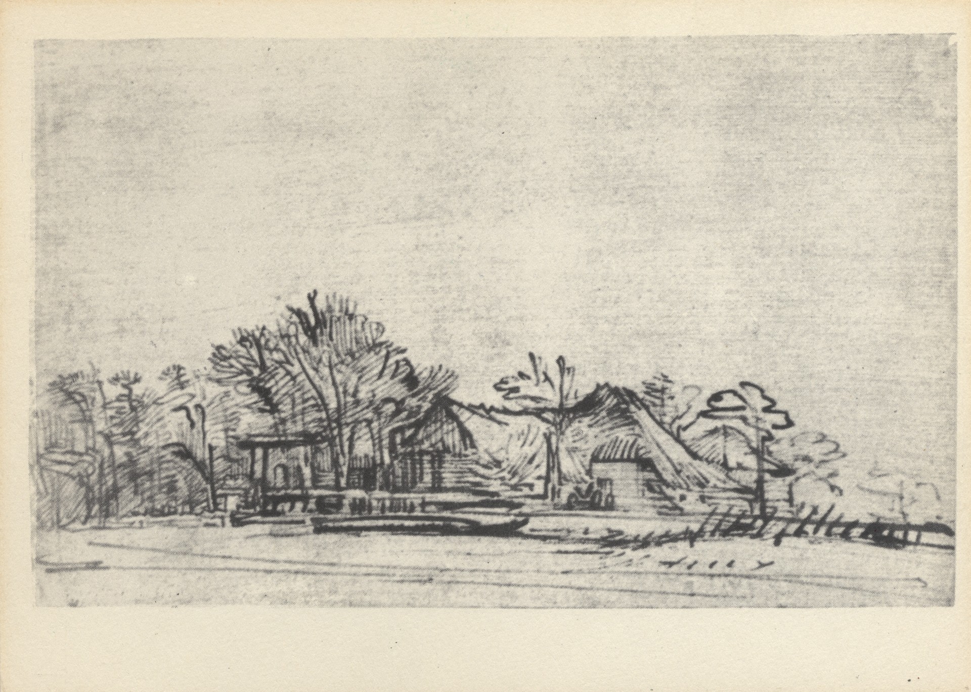 Пейзаж с хижинами среди деревьев