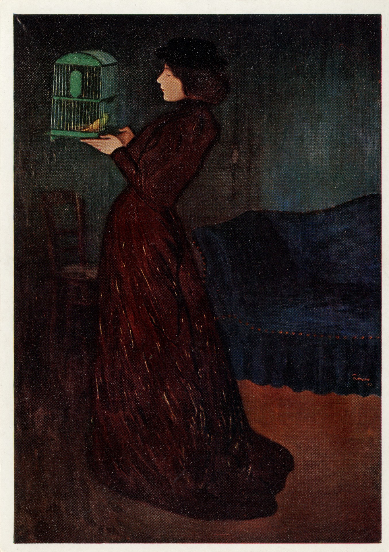 Женщина с клеткой для птичек