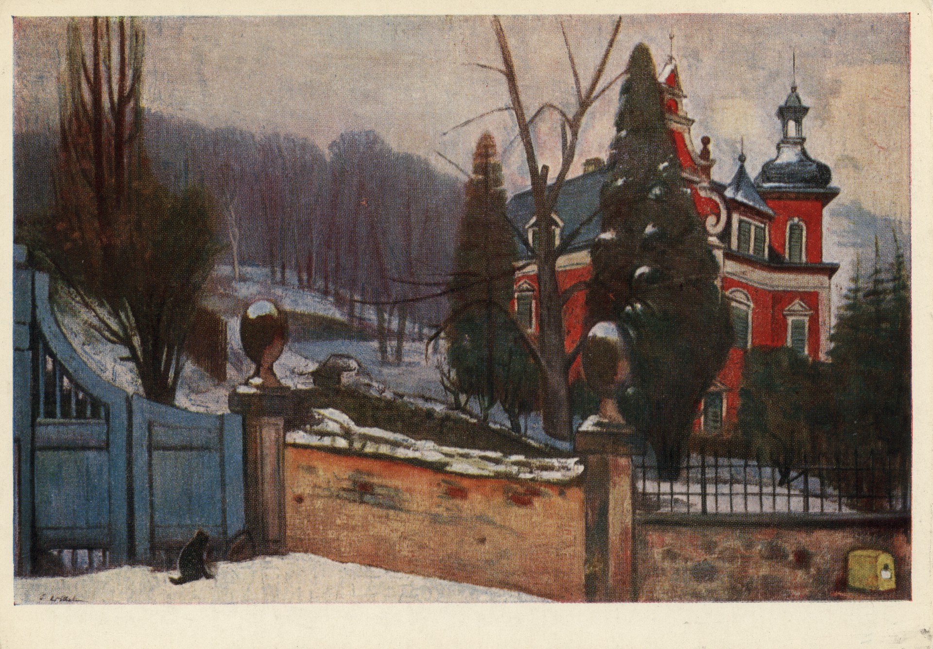 Зимний пейзаж с красным домом